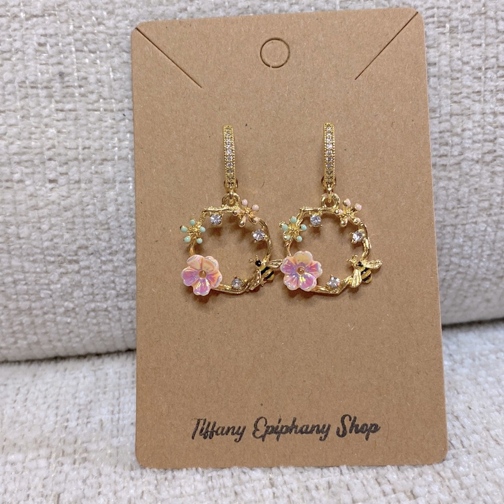 Gold Rhinestones Huggy Hoop Bee and Pink Floral Dangly Earrings NWT